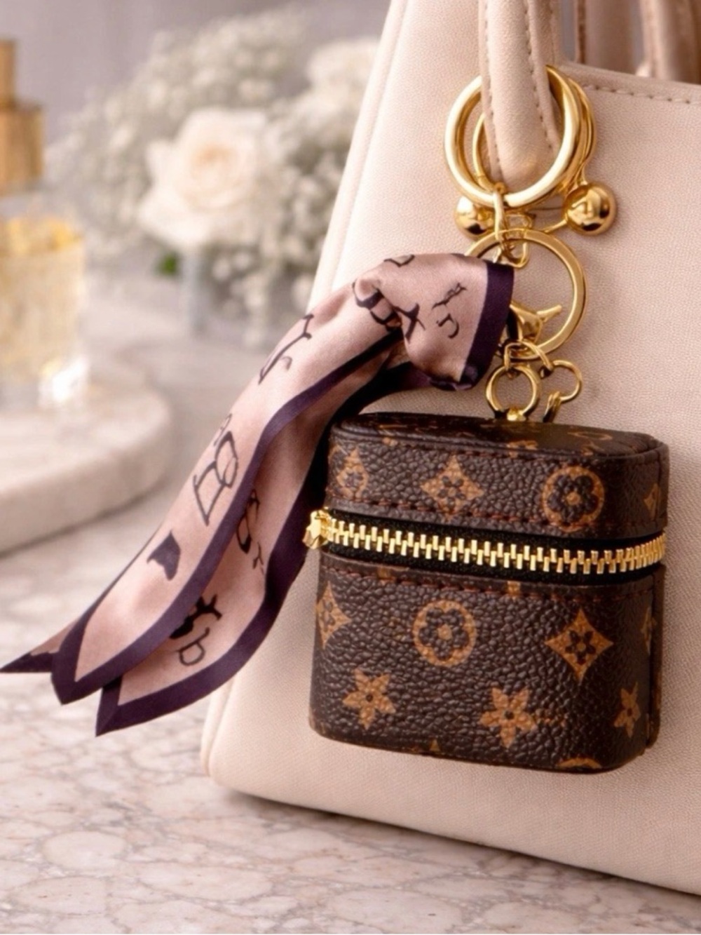 Designer Monogram Brown Vegan Leather Key & Card Holder with Gold Hardware - Picture 6 of 6